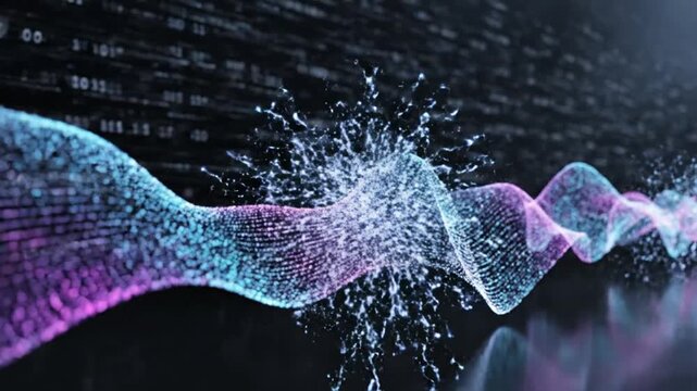 Abstract digital wave formed by glowing particles in dark space
