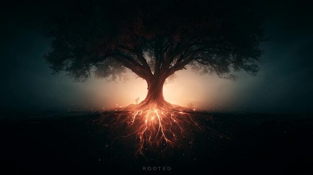 Ancient oak tree with roots transforming into glowing constellations beneath transparent earth, magical realism scene, cinematic lighting, centered typography reading &ldquo;ROOTED&rdquo;, ethereal and immersive.