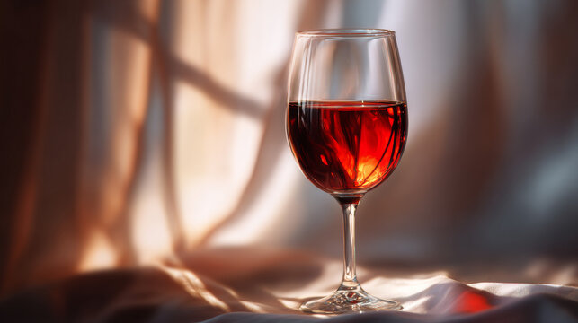 A transparent wine glass filled with red wine, luminous bright background, soft reflections on the glass, cinematic dreamy lighting, ultra realistic, elegant and inviting composition