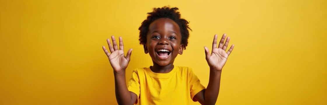 Joyful young african boy with arms raised, smiling broadly against bright yellow backdrop. Child conveys happiness and excitement, a symbol of positive childhood emotions.