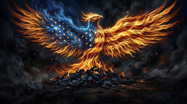 Majestic Phoenix rising from ashes, fiery mythical bird with orange and blue flames, legendary fire creature soaring above burning embers