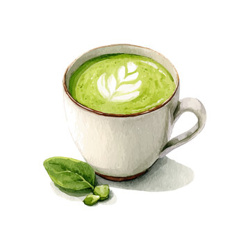 Watercolor drawing of Matcha Latte, on clean white background