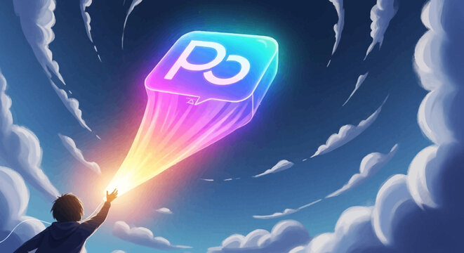 Person's hand reaching for glowing P3 content cube in a dreamy sky with clouds