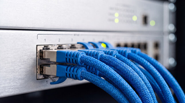 Server rack with blue ethernet cables connected to a network switch