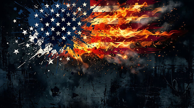 American flag on fire with dramatic smoke and paint splashes, burning USA flag illustration, patriotic grunge background with flames and sparks