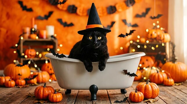 Black cat wearing witch hat inside bathtub with halloween pumpkins and orange bokeh background
