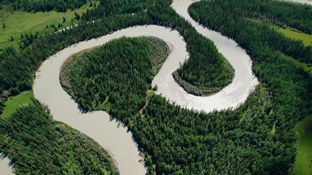 Aerial view of river meandering through dense forest and oxbow island in remote valley Altai with slow panning tracking movement.