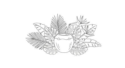 Fototapeta premium Hand drawn tropical coconut drink with exotic leaves and flowers sketch.