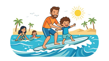Obraz premium Father teaching his young son to surf on a surfboard.