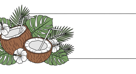 Tropical coconut drink illustration with palm leaves and hibiscus flowers. © Alica Antha
