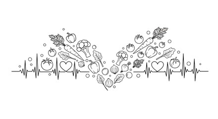 Obraz premium Healthy eating heart rate pulse line with vegetable doodle art.