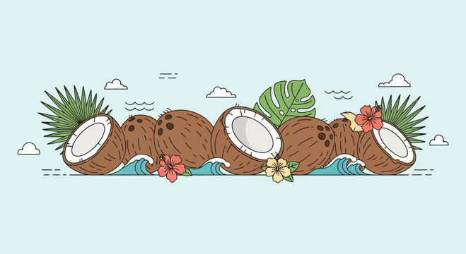 Illustration of sliced and whole coconuts with tropical flowers and palm leaves.