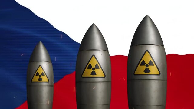 Nuclear missiles with radiation warning symbols against waving czech republic flag background warhead