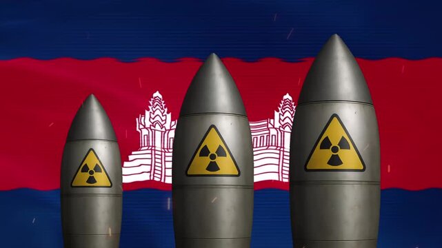 Cambodia flag with nuclear missiles concept: geopolitical tension and national security threat animation