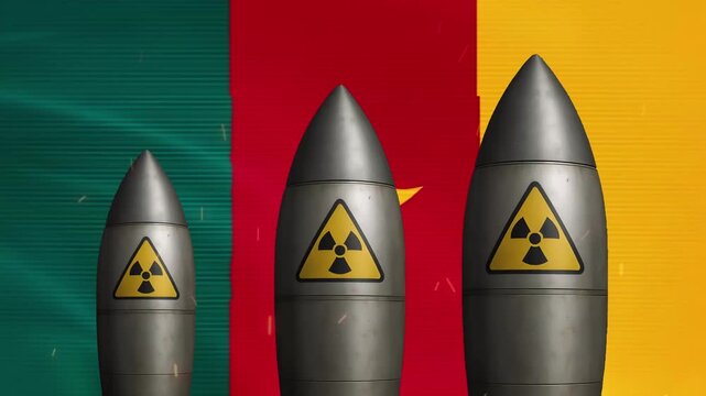 Nuclear missiles against cameroon flag background: geopolitical tension and national security concept