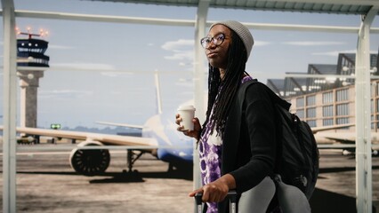 Obraz premium Woman in busy airport terminal traveling to destination with coffee cup in hand, Young african american girl carrying trolley in airport hallway, holding drink container for travel concepts.