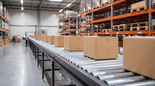Cardboard boxes moving on a roller conveyor in a warehouse