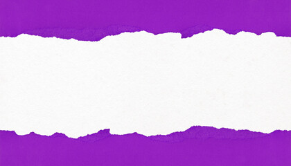 Fototapeta premium White paper torn horizontally over a vibrant purple background, with rough irregular edges and ample copy space. Ideal for banners, collage and creative design.
