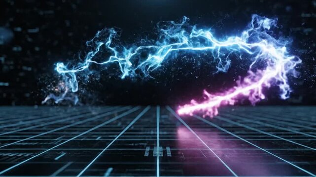 Abstract glowing energy waves flowing over a dark digital grid