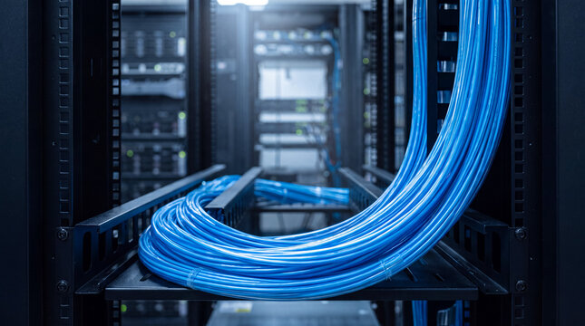 Modern data center with organized blue network cables