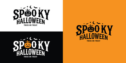 Spooky halloween typography mockups with pumpkin bats and retro lettering styles © Anupam