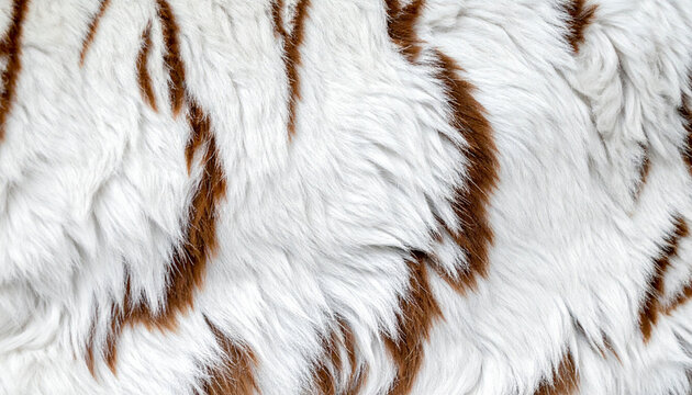 A detailed luxurious white and brown bengal tiger faux fur fabric featuring dynamic striped patterns, ideal for high-end fashion design backgrounds or interior textile textures.