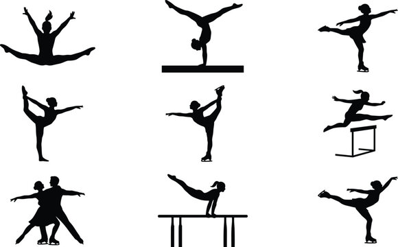 Female Sports Silhouettes Set Featuring Gymnastics Figure Skating and Track Hurdle Athletes