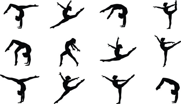 Gymnastics and Rhythmic Dance Silhouettes Collection of Female Athletes Isolated on White Background