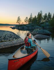 Fototapeta premium Woman kayaking at sunset on calm river.