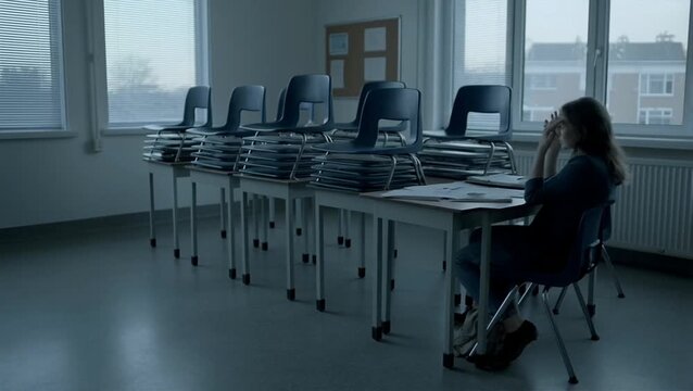 A sorrowful woman sits alone at a long table in a dimly lit empty classroom conveying sadness and depression.