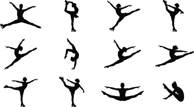 Vector Silhouette Set of Female Figure Skaters, Gymnasts, and Dancers Performing Dynamic Jumps and Poses