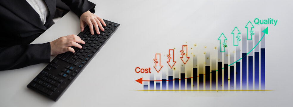 Business Person Analyzing Growth Chart with Focus on Quality and Cost Management in Modern Office Setting. Bitwise.