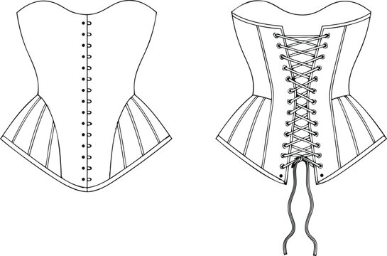 Fashion illustration of two corset designs with laces and hooks on a white background