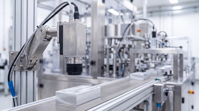 Automated industrial machine with robotic arm and conveyor belt