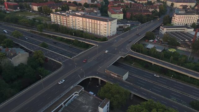 Berlin connecting infrastructure showing urban road network. Magic aerial view drone