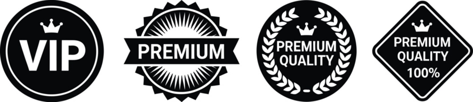 Premium quality stamp and label vector featuring VIP emblem, crown, stars, and high quality assurance badge design, vector, designs.