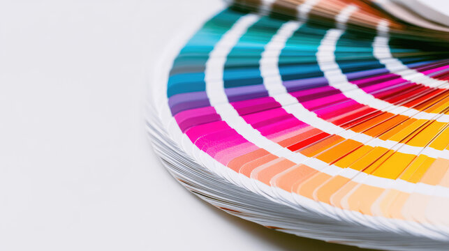 Color swatch book open on white desk with bright rainbow sample palette and minimal space, clean modern design for print and graphic choice