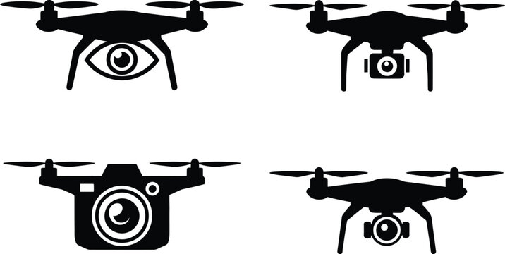 Professional drone silhouettes illustration set, generic aerial camera drones for photography and video production.