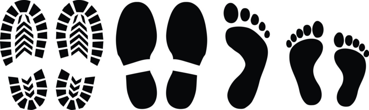 Foot and shoe prints illustration set, generic black silhouette footprints and shoe sole icons on transparent background.