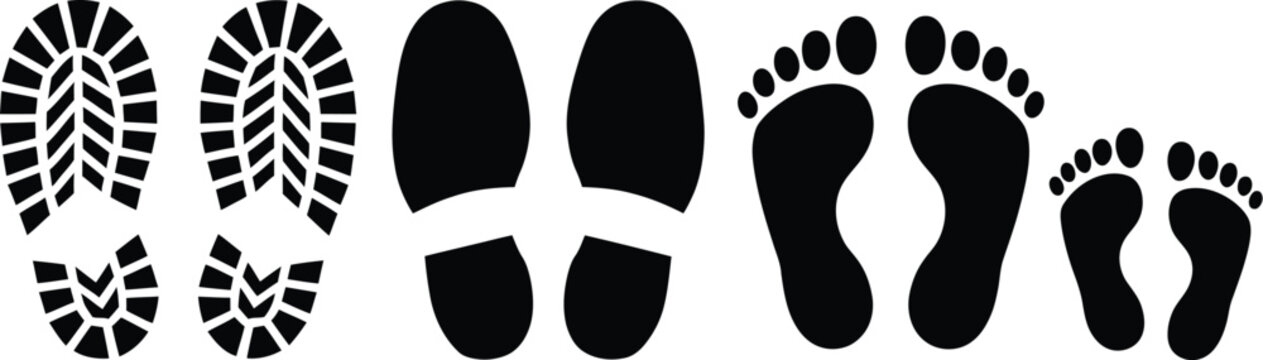 Foot and shoe print vector illustration set, generic footprint and sole mark silhouettes for design projects.