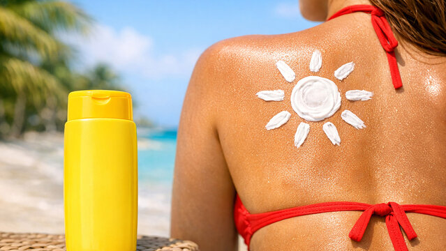 Woman sunbathing with white lotion on back, tropical resort, relaxation