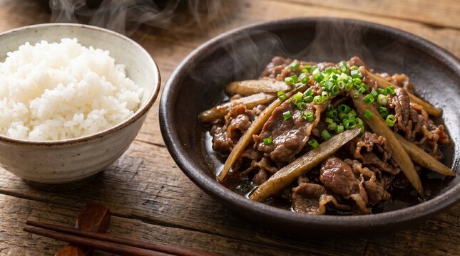 Simmered beef and burdock root with rice