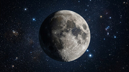 Fototapeta premium Bright full moon in a vibrant, star-filled deep space universe.