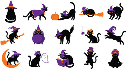 Obraz premium Black Halloween Cats with Pumpkin, Broom and Witch Accessories Vector Set