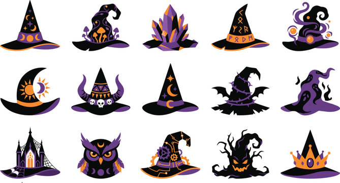 Halloween Magic Objects with Witch Hat, Crystal, Moon and Broom Vector Set