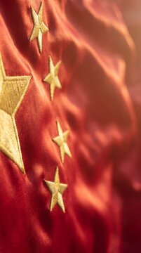 Ultra Realistic Cinematic China Flag Background, Luxury Red Satin Fabric with Golden Stars, Dramatic Lighting, Premium Waving Chinese Flag, Elegant Copy Space, Macro Textile Texture for Photo and Vide