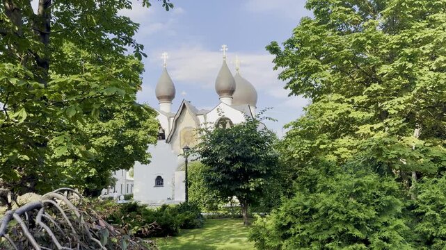 Moscow, Russia, 4 July 2026, Marfo-Mariinsky Convent, or Martha and Mary Convent of Mercy in the Possession of Grand Duchess Elizabeth Feodorovna is a women's convent. White orthodox church with dark 