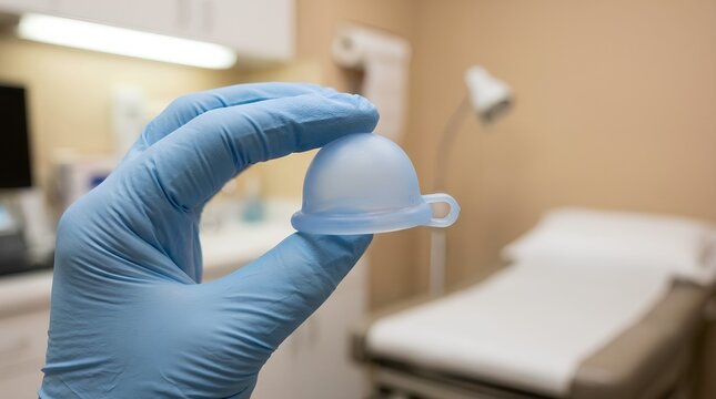 Clinical portrait of a doctor demonstrating a cervical cap for contraception to a patient, emphasizing modern birth control methods, women&rsquo;s reproductive healthcare, and clinical instruction