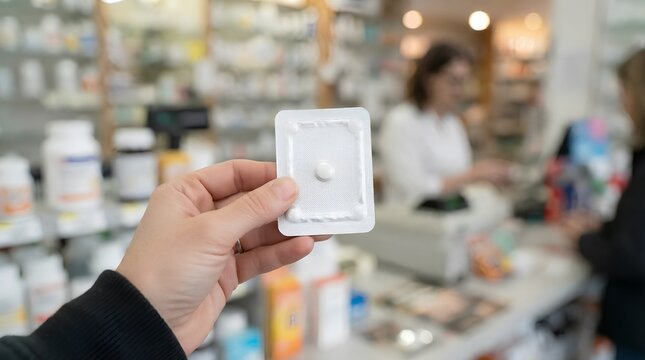 Hand holding a single pill blister pack in a pharmacy, focusing on medication adherence, healthcare retail, and pharmacy services for patient-centered medical and pharmaceutical stock photography