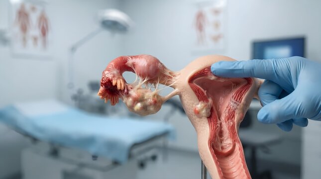 Detailed anatomical study of pelvic inflammatory disease featuring inflamed fallopian tubes and pelvic adhesions, high-quality medical model photography for gynecology and health awareness